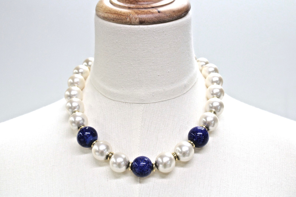 Vintage NAPIER Chunky Faux Pearl Lapis Blue Bead Statement Collar Necklace 90s